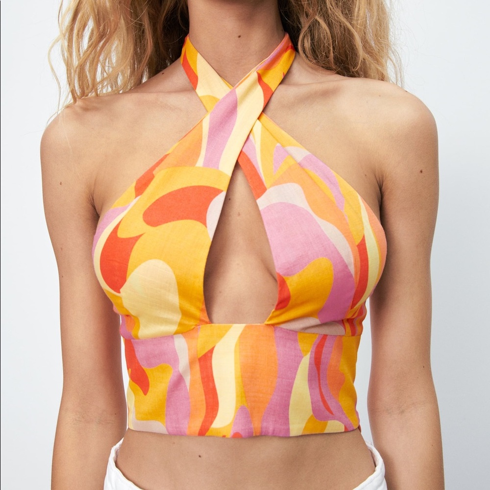 Zara Linen Blend Printed Crop Top